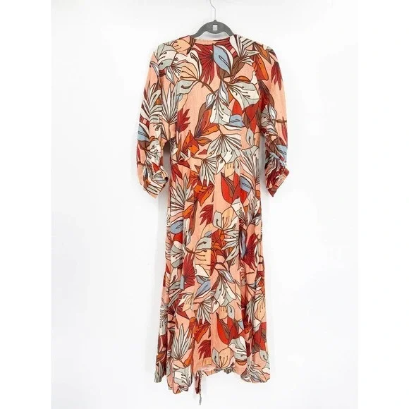 Nicholas Asilah Tropical Floral Print Orange Tie Front V-Neck Midi Dress Size 10